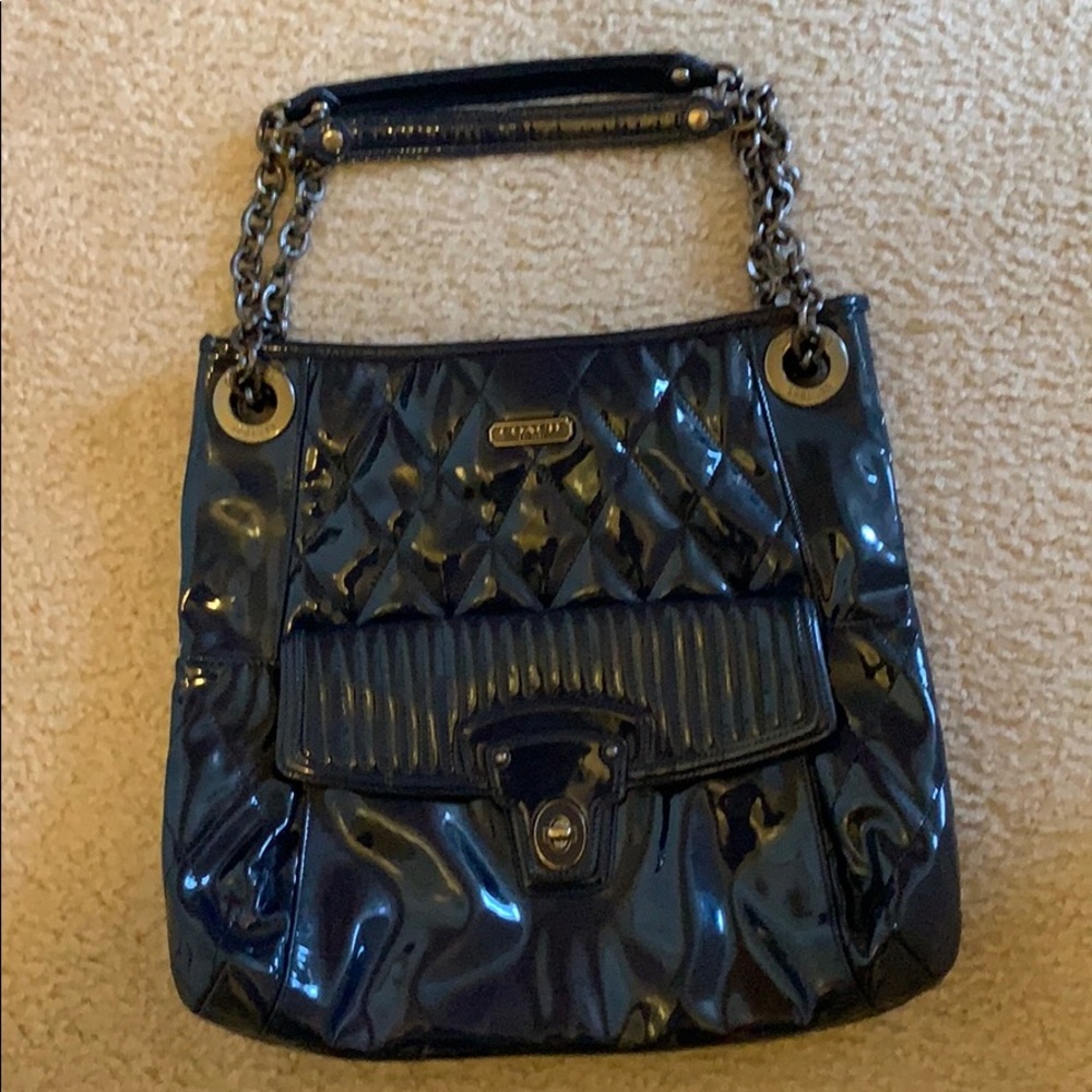 Navy patent leather coach bag